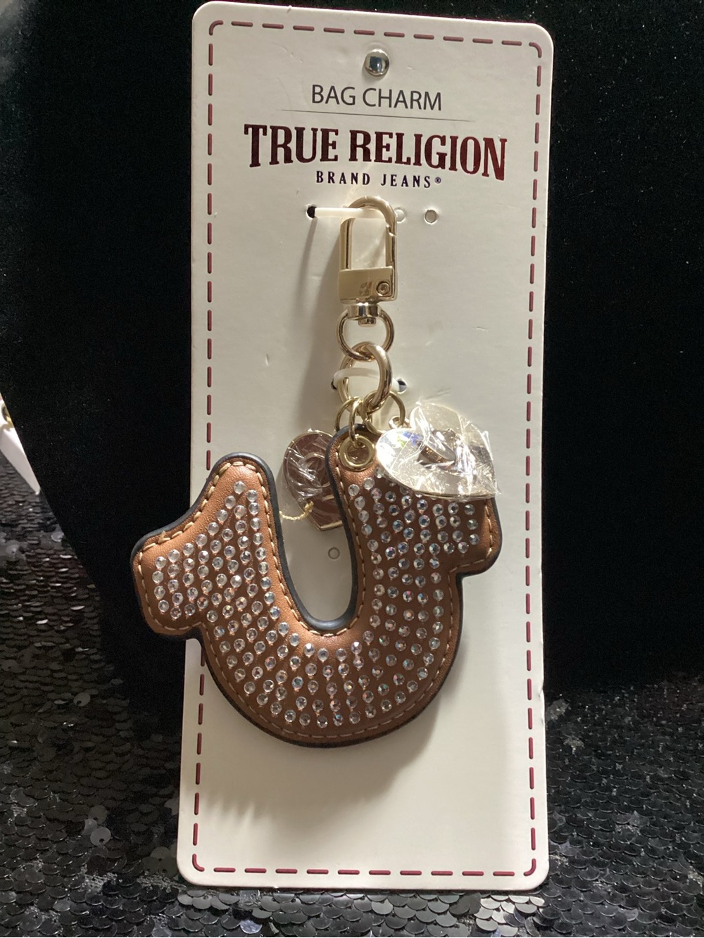 True Religion Brown Faux Leather Crystal Horseshoe Bag & Card Holder Charm